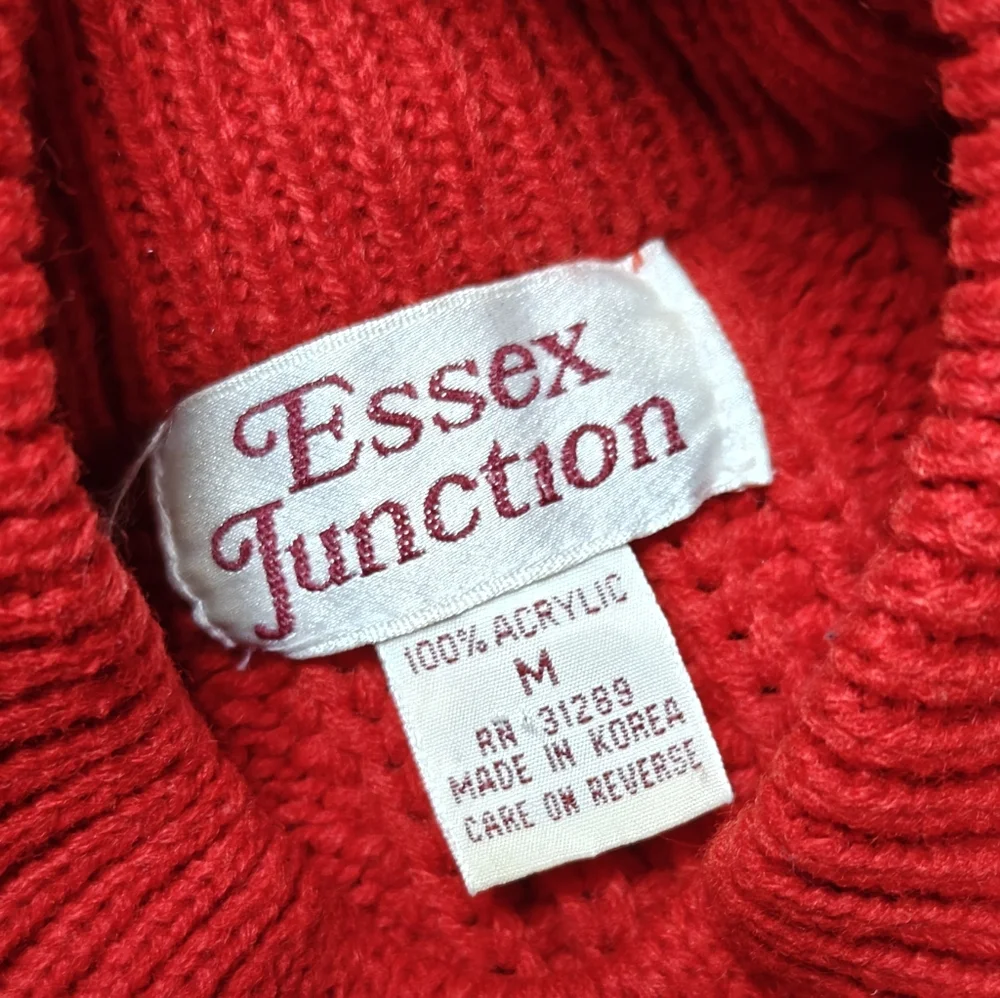 VTG Red Cable Knit Sweater Pullover Holiday‎ Mock Neck Chunky Ribbed Women's Med